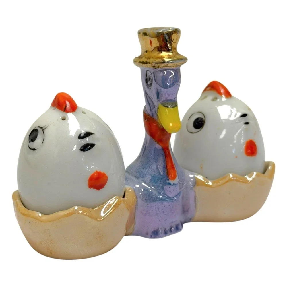 Vintage 1950s Lusterware Duck w/Eggs Salt & Pepper Shaker Set w/Stand Japan MCM